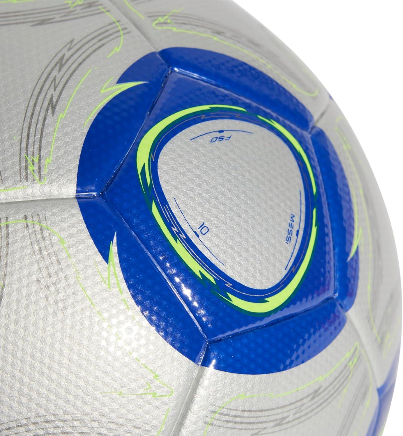 image:imageadidas Messi League Ball Seamless Surface Butyl Bladder Messi Printed Logo Ideal for Training Sessions and Matches Silver MetallicLucid BlueSolar Yellow 4