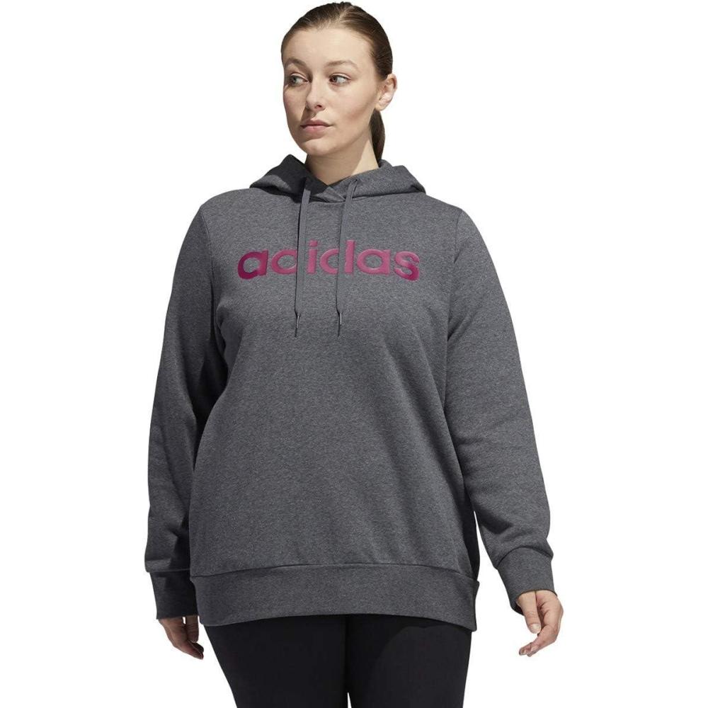 image:imageadidas womens Essentials Linear Fleece HoodieDark Grey HeatherPower Berry