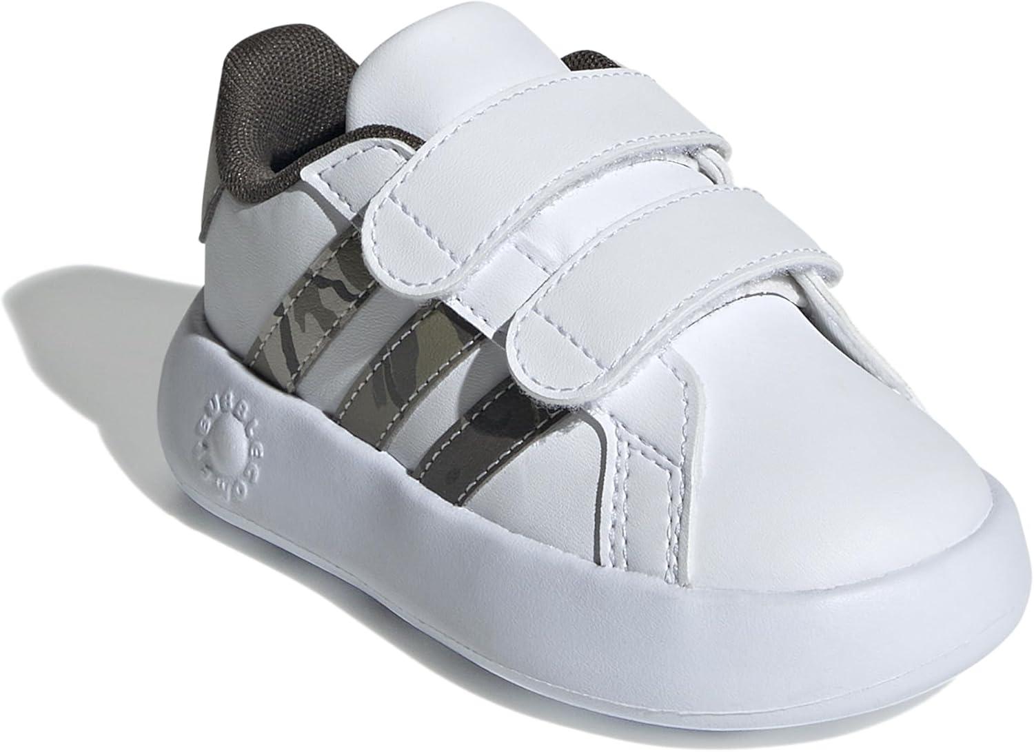 image:imageAdidas UnisexChild Grand Court 20 Elastic Lace amp StrapWhiteOlive StrataPutty Grey