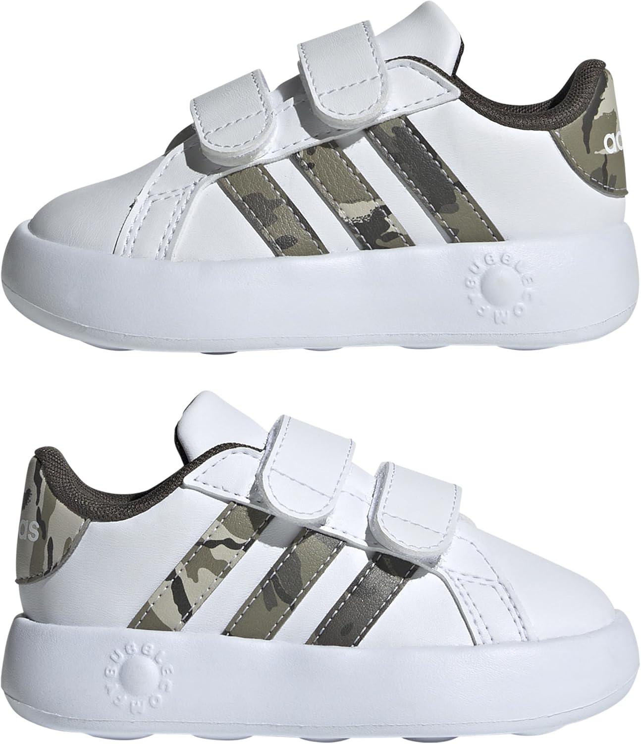 image:imageAdidas UnisexChild Grand Court 20 Elastic Lace amp StrapWhiteOlive StrataPutty Grey