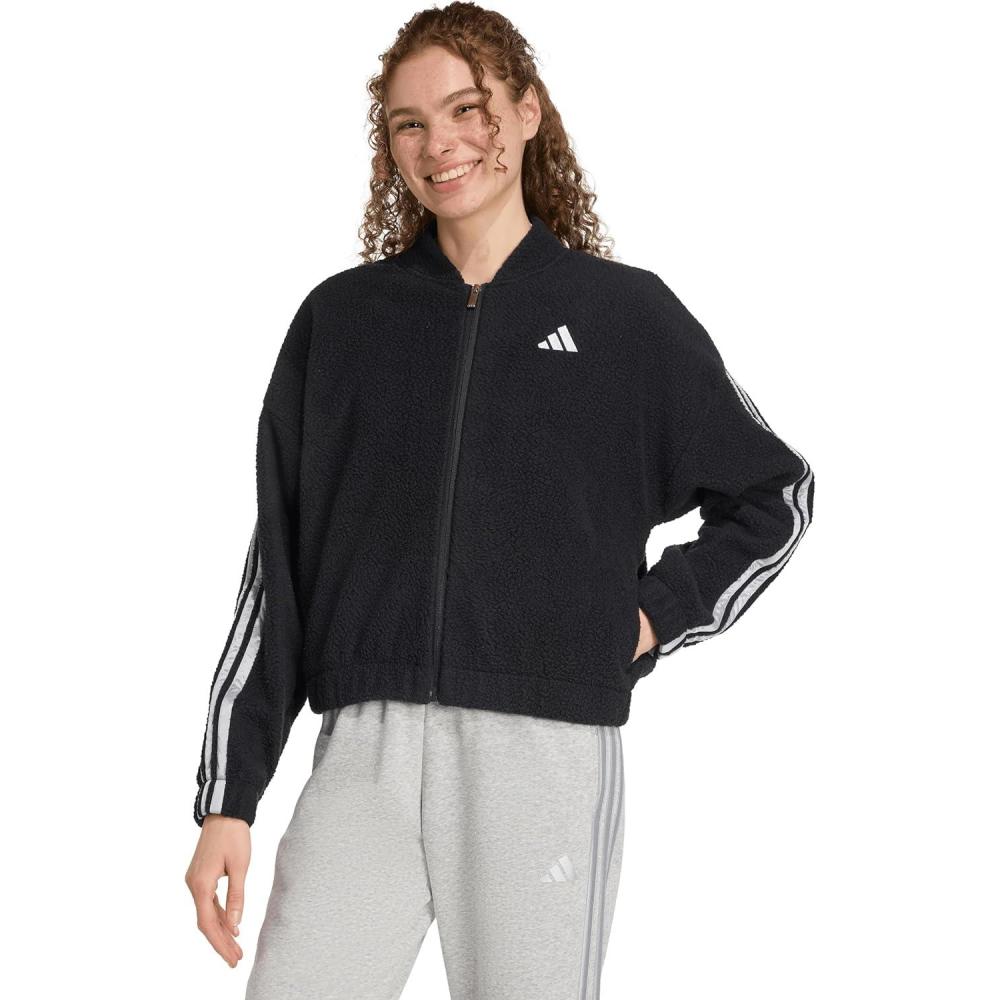 image:imageadidas Womens Holiday High Pile Fleece FullZip Track TopBlackSilver Metallic