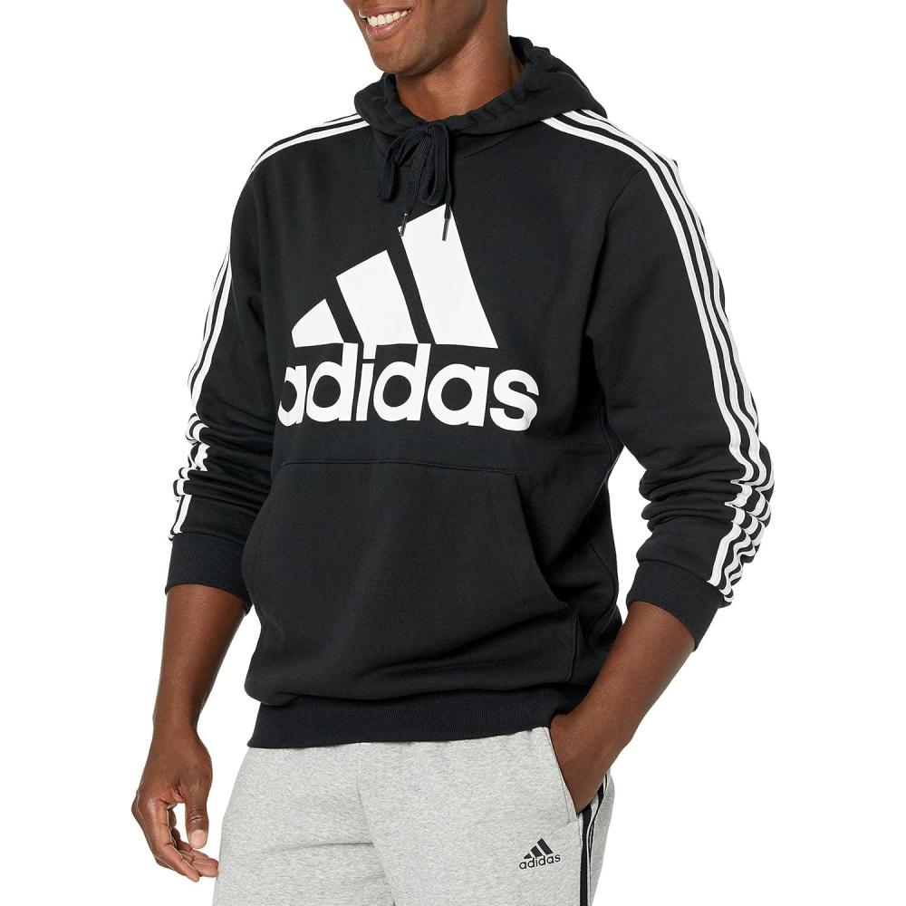 image:imageadidas Mens 3Stripes Fleece Hooded Sweatshirt BlackWhite 3XLargeTall