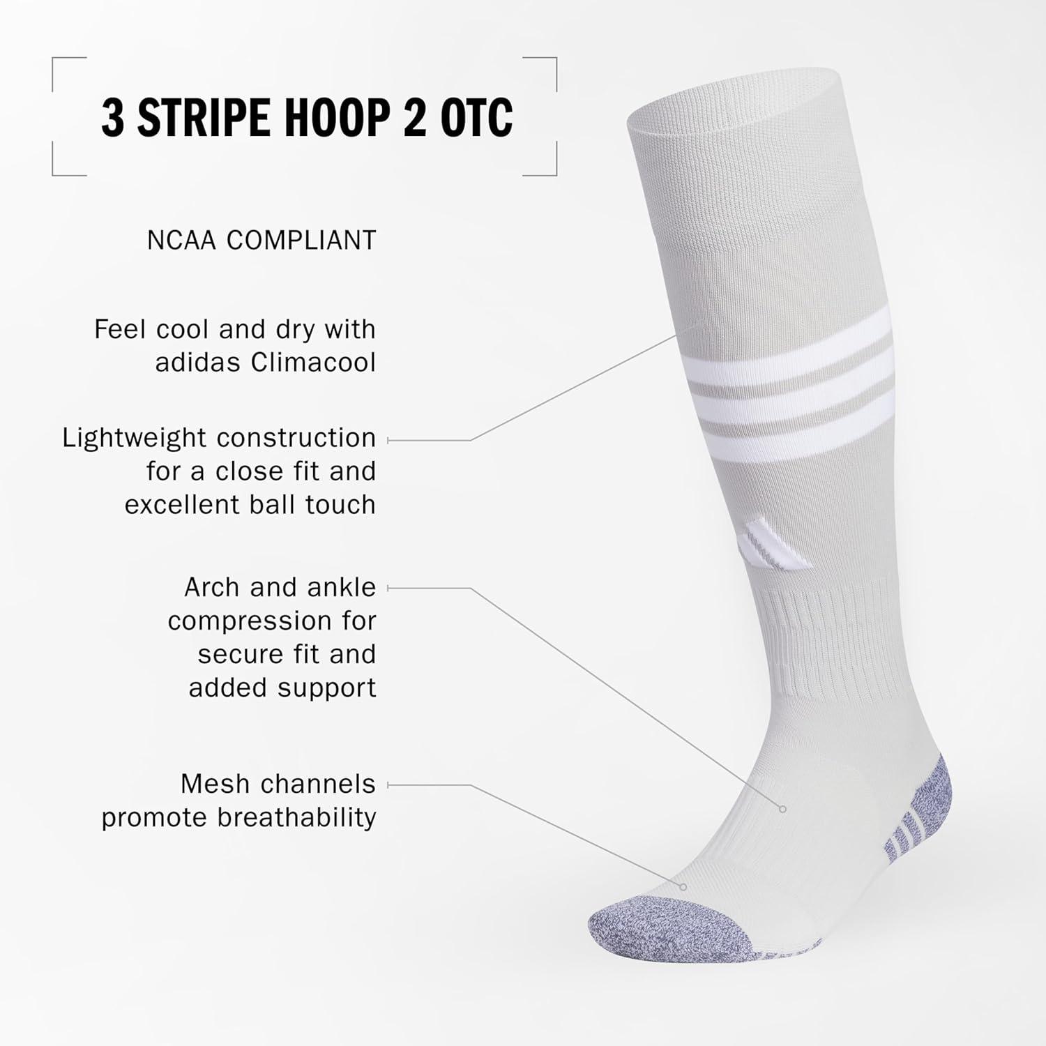 image:imageadidas unisex 3stripe Hoop Soccer Socks 1pair With Arch Compression for a Secure FitLight Grey 2White