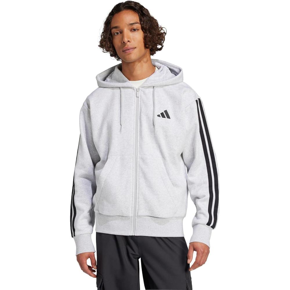 image:imageadidas mens Essentials 3stripes Fleece Fullzip Hooded Track TopLight Grey HeatherBlack