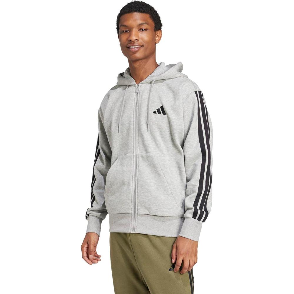 image:imageadidas mens Essentials 3stripes Fleece Fullzip Hooded Track TopMedium Grey HeatherBlack