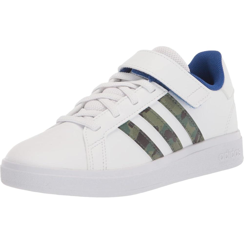 image:imageAdidas UnisexChild Grand Court 20 Elastic Lace amp Strap DiscWhiteGreen OxideTeam Royal Blue