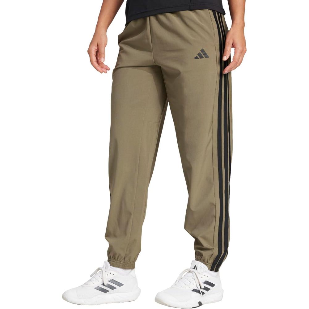 image:imageadidas Womens Train Essentials 3Stripes Woven PantsOlive StrataBlack