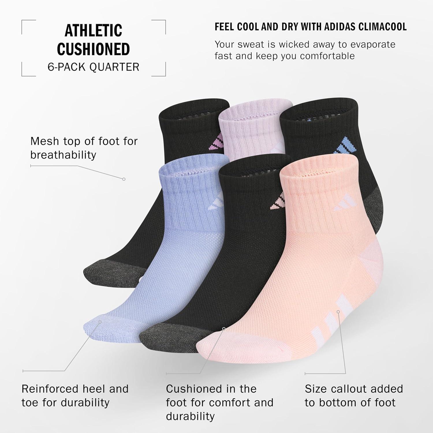 image:imageadidas Unisex Kids Cushioned Quarter Ankle Socks for Boys and Girls 6 Pairs Durable amp ComfortableGirlsBlackPreloved PurpleIce Lavender