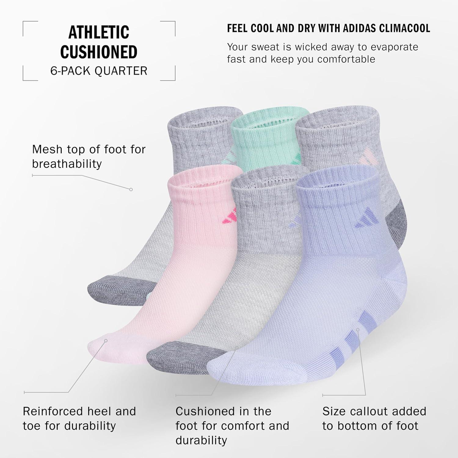 image:imageadidas Unisex Kids Cushioned Quarter Ankle Socks for Boys and Girls 6 Pairs Durable amp ComfortableGirlsCool Light HeatherGreySemi Flash Aqua Blue