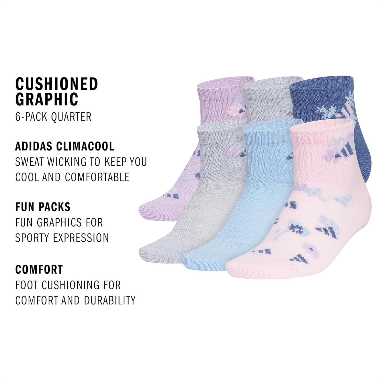 image:imageadidas Unisex Kids Cushioned Quarter Ankle Socks for Boys and Girls 6 Pairs Durable amp ComfortableGirlsGraphicPowder Plum PurpleGlow BlueClear Pink