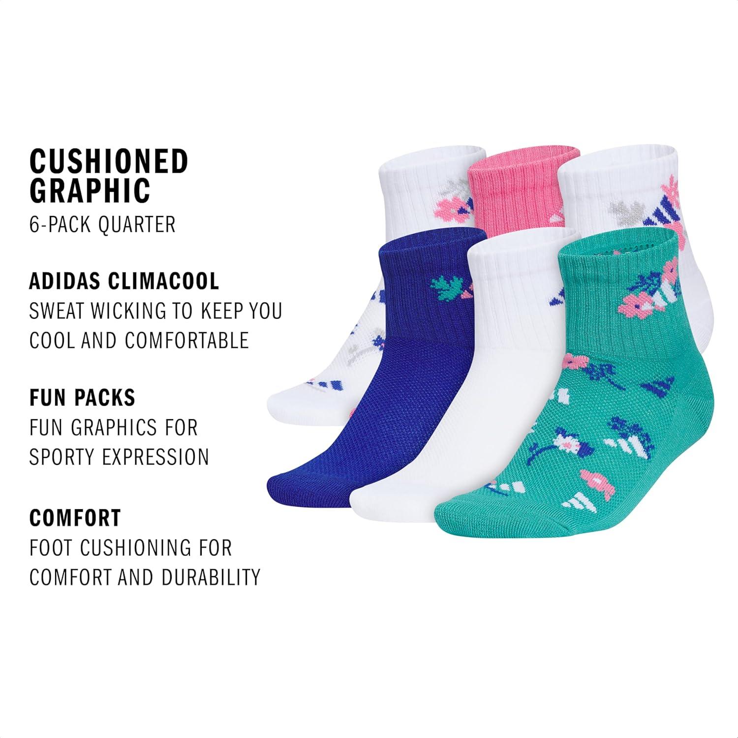 image:imageadidas Unisex Kids Cushioned Quarter Ankle Socks for Boys and Girls 6 Pairs Durable amp ComfortableGirlsGraphicWhiteTeam Royal BluePink Fusion
