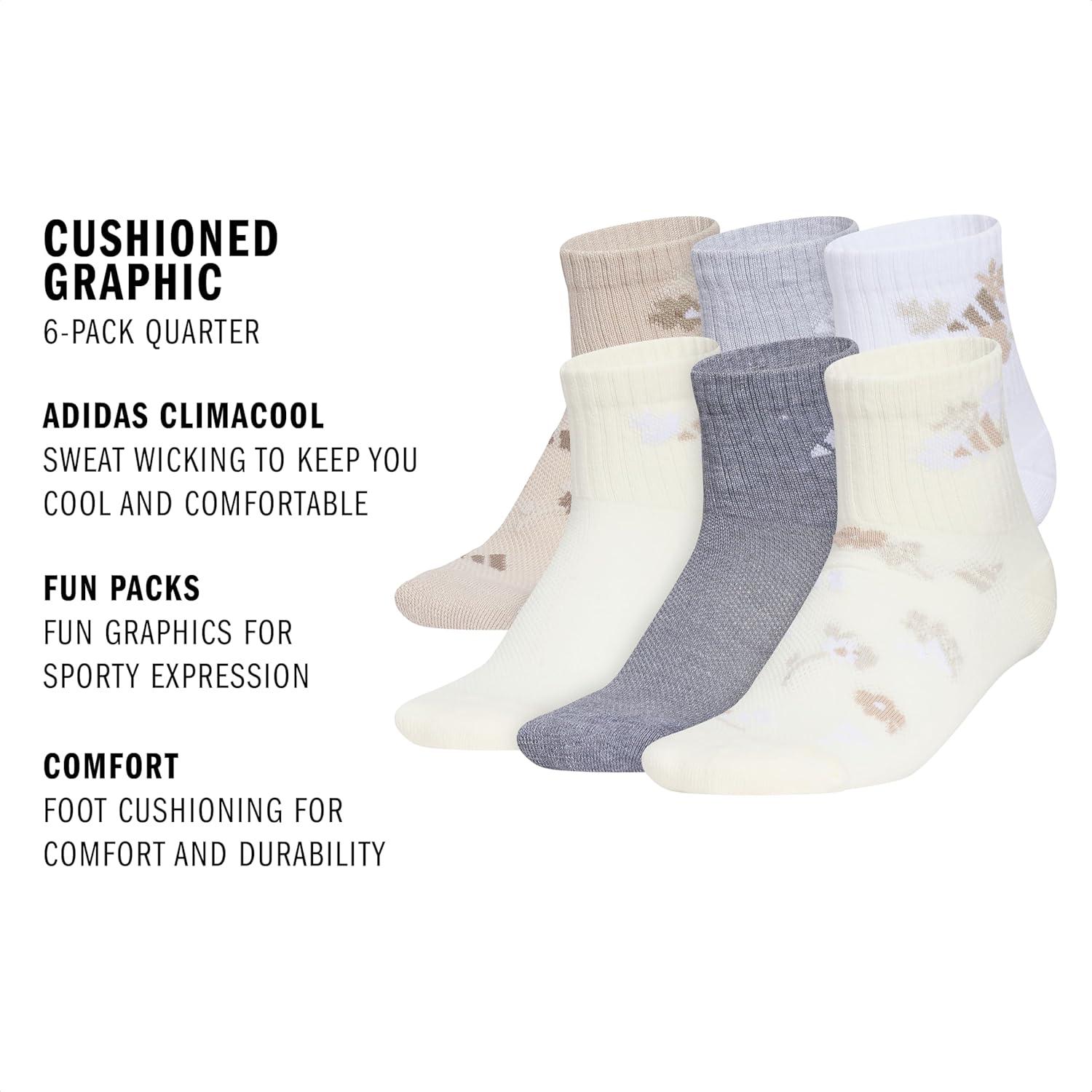 image:imageadidas Unisex Kids Cushioned Quarter Ankle Socks for Boys and Girls 6 Pairs Durable amp ComfortableGirlsGraphicWonder BeigeCool Light HeatherWonder White