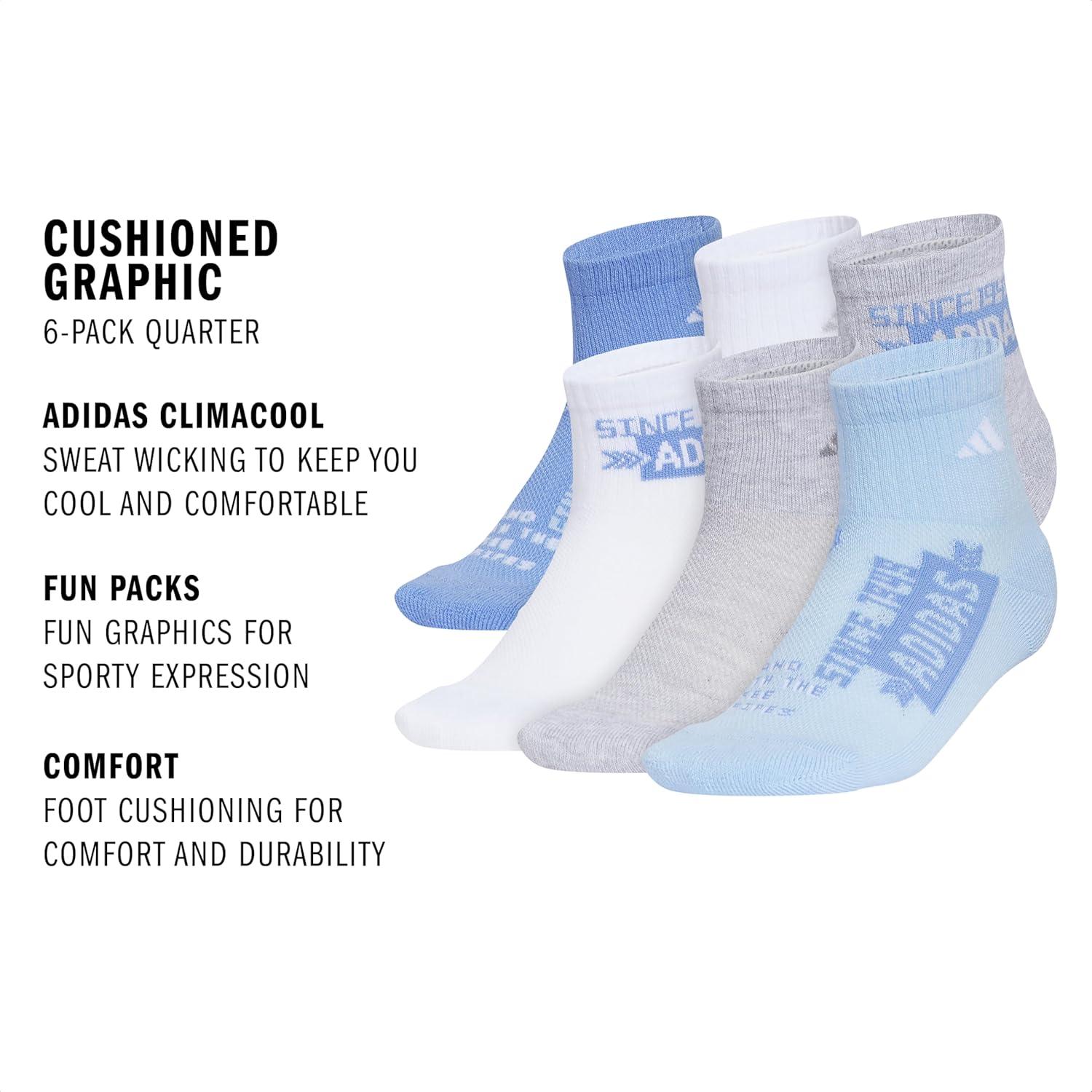 image:imageadidas Unisex Kids Cushioned Quarter Ankle Socks for Boys and Girls 6 Pairs Durable amp ComfortableGraphicBlue FusionWhiteGlow Blue