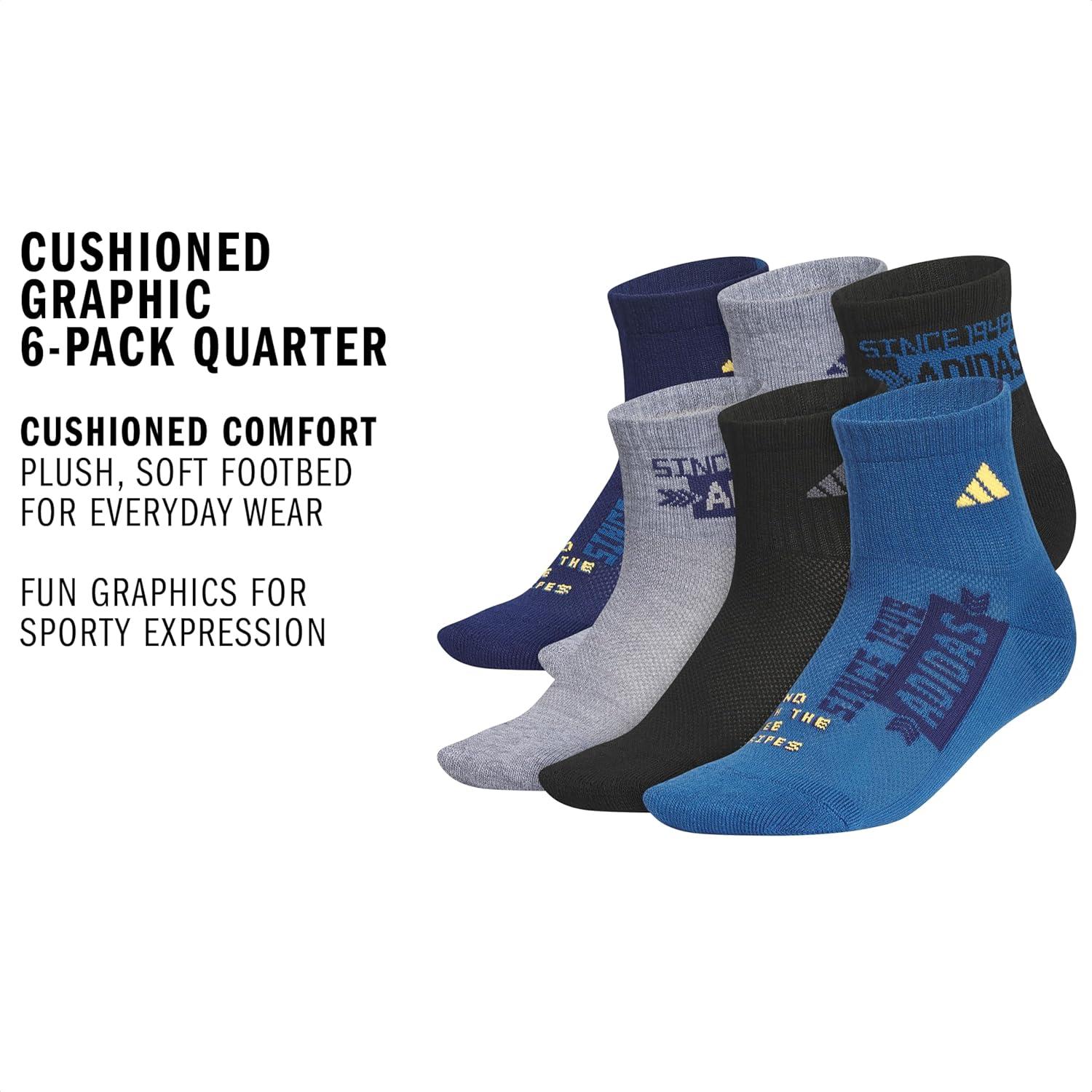 image:imageadidas Unisex Kids Cushioned Quarter Ankle Socks for Boys and Girls 6 Pairs Durable amp ComfortableGraphicDark BlueHeather GreyLucid Tangerine Orange