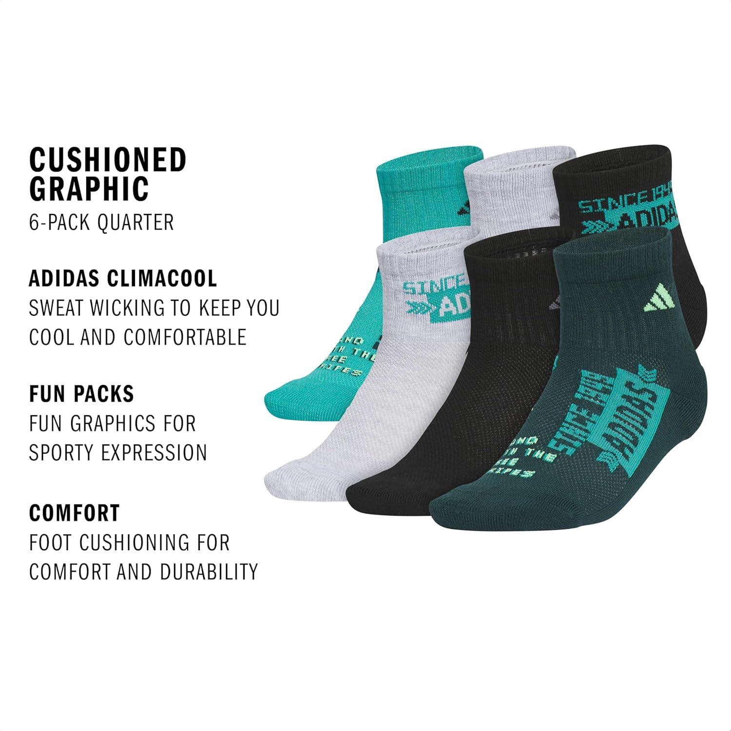 image:imageadidas Unisex Kids Cushioned Quarter Ankle Socks for Boys and Girls 6 Pairs Durable amp ComfortableGraphicPure Teal GreenCool Light HeatherBlack