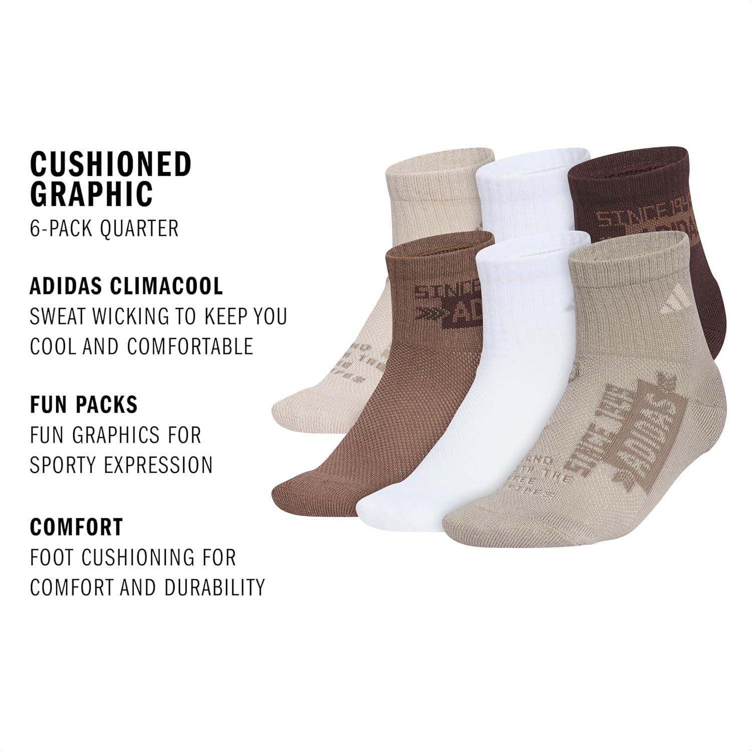 image:imageadidas Unisex Kids Cushioned Quarter Ankle Socks for Boys and Girls 6 Pairs Durable amp ComfortableGraphicWonder BeigeWhiteEarth Strata Brown