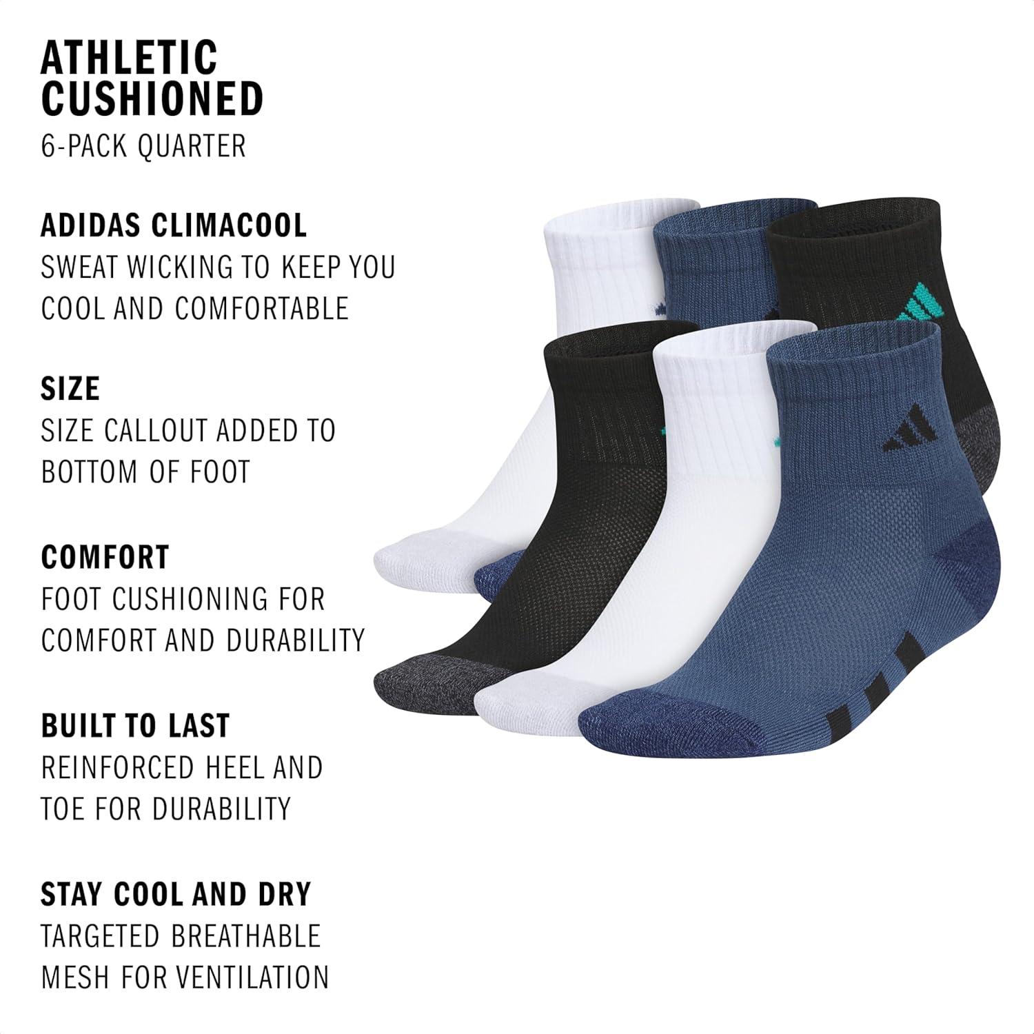 image:imageadidas Unisex Kids Cushioned Quarter Ankle Socks for Boys and Girls 6 Pairs Durable amp ComfortableWhitePure Teal GreenMineral Blue