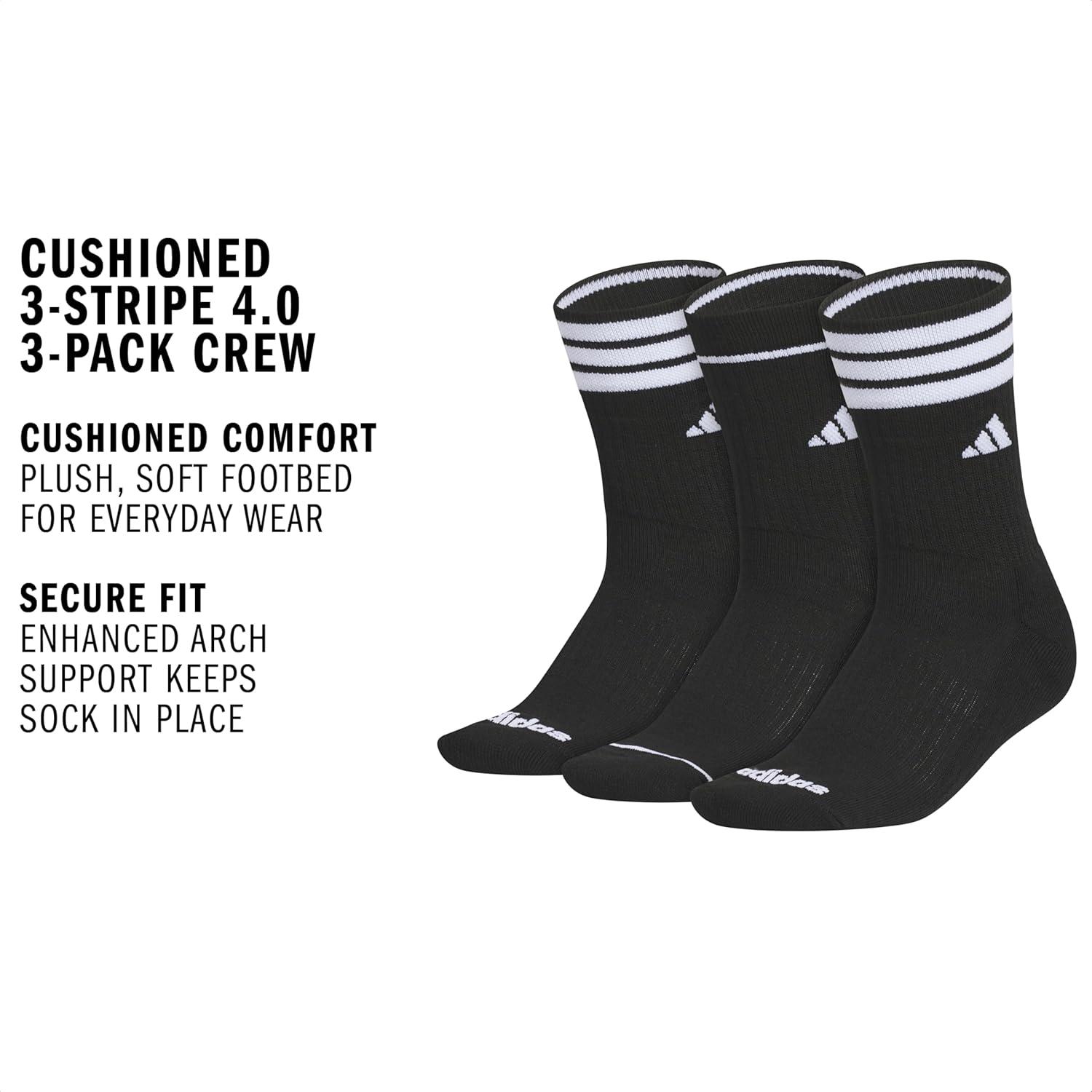image:imageadidas womens Cushioned Crew Socks 3 Pairs Durable amp ComfortableBlackWhite3stripe4