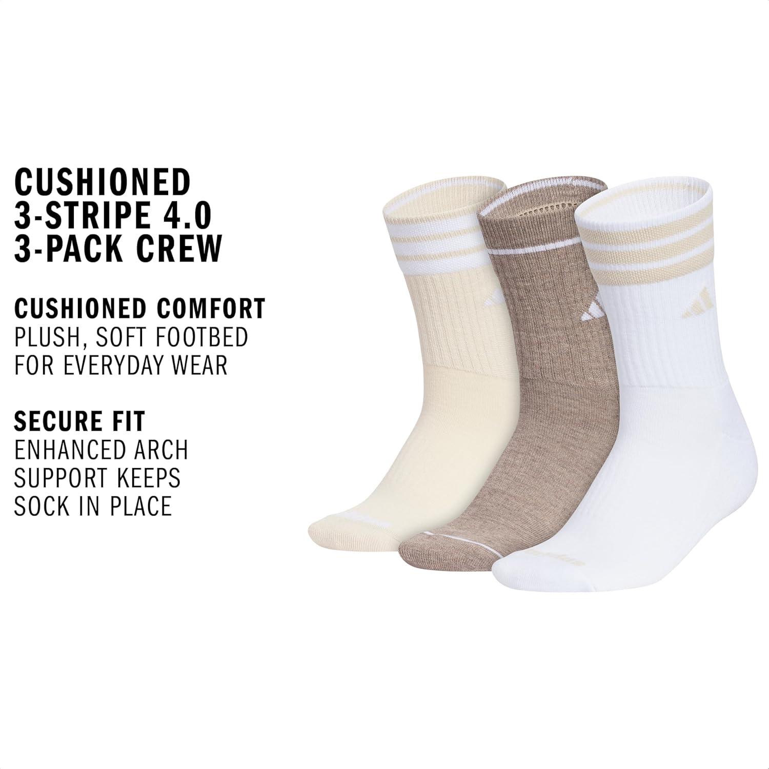 image:imageadidas womens Cushioned Crew Socks 3 Pairs Durable amp ComfortableCrystal Linen BeigeWhiteChalky Brown3stripe4