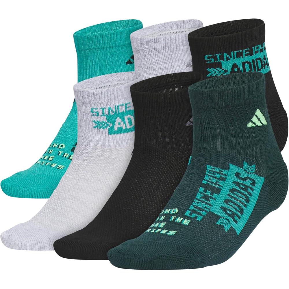 image:imageadidas Unisex Kids Cushioned Quarter Ankle Socks for Boys and Girls 6 Pairs Durable amp ComfortableGraphicPure Teal GreenCool Light HeatherBlack