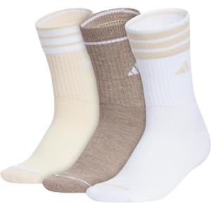 adidas womens Cushioned Crew Socks (3 Pairs) Durable & Comfortable(Crystal Linen Beige/White/Chalky Brown/3-stripe/4)