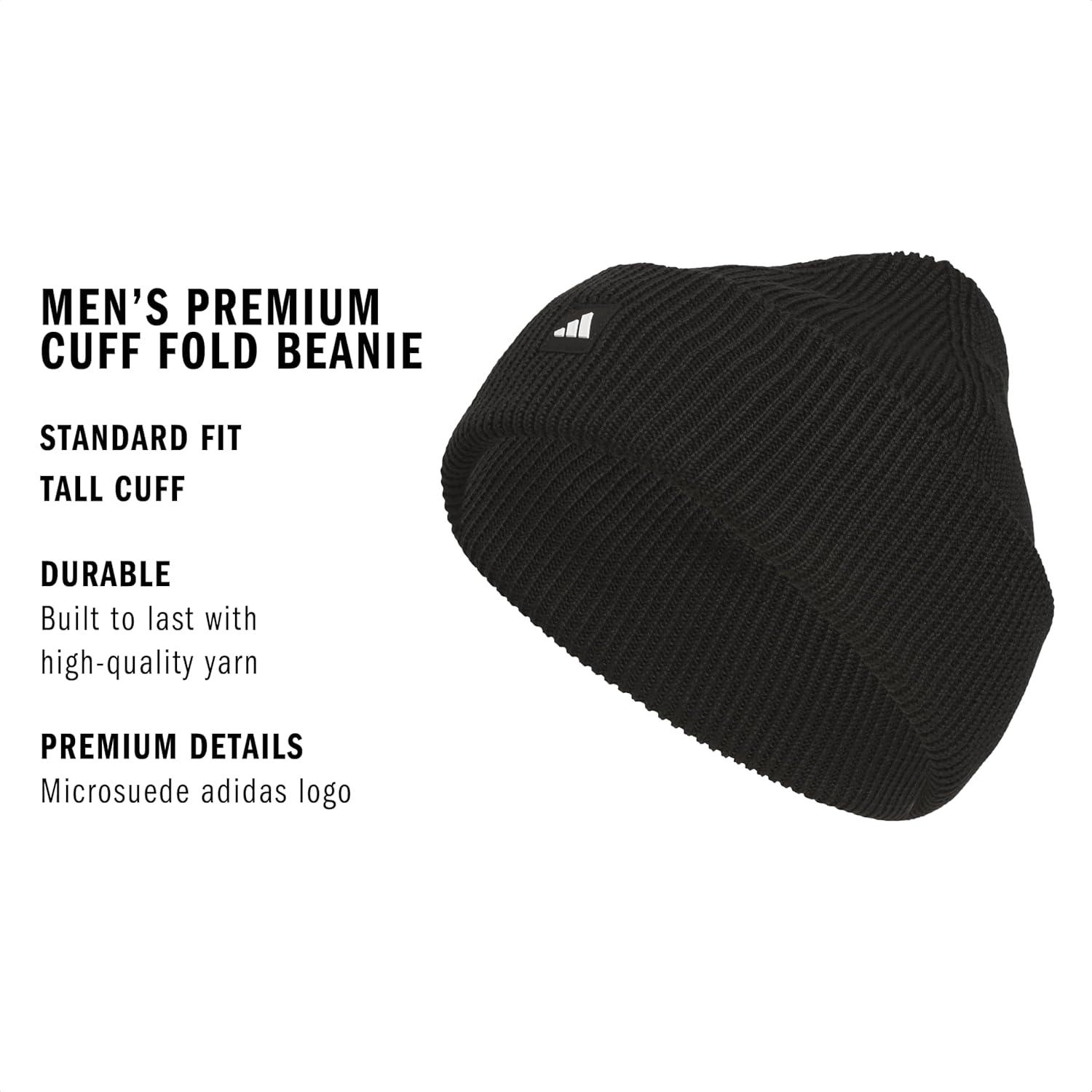 image:imageadidas Mens Premium Beanie Standard Fit Cuffed Knit Winter HatBlackWhite