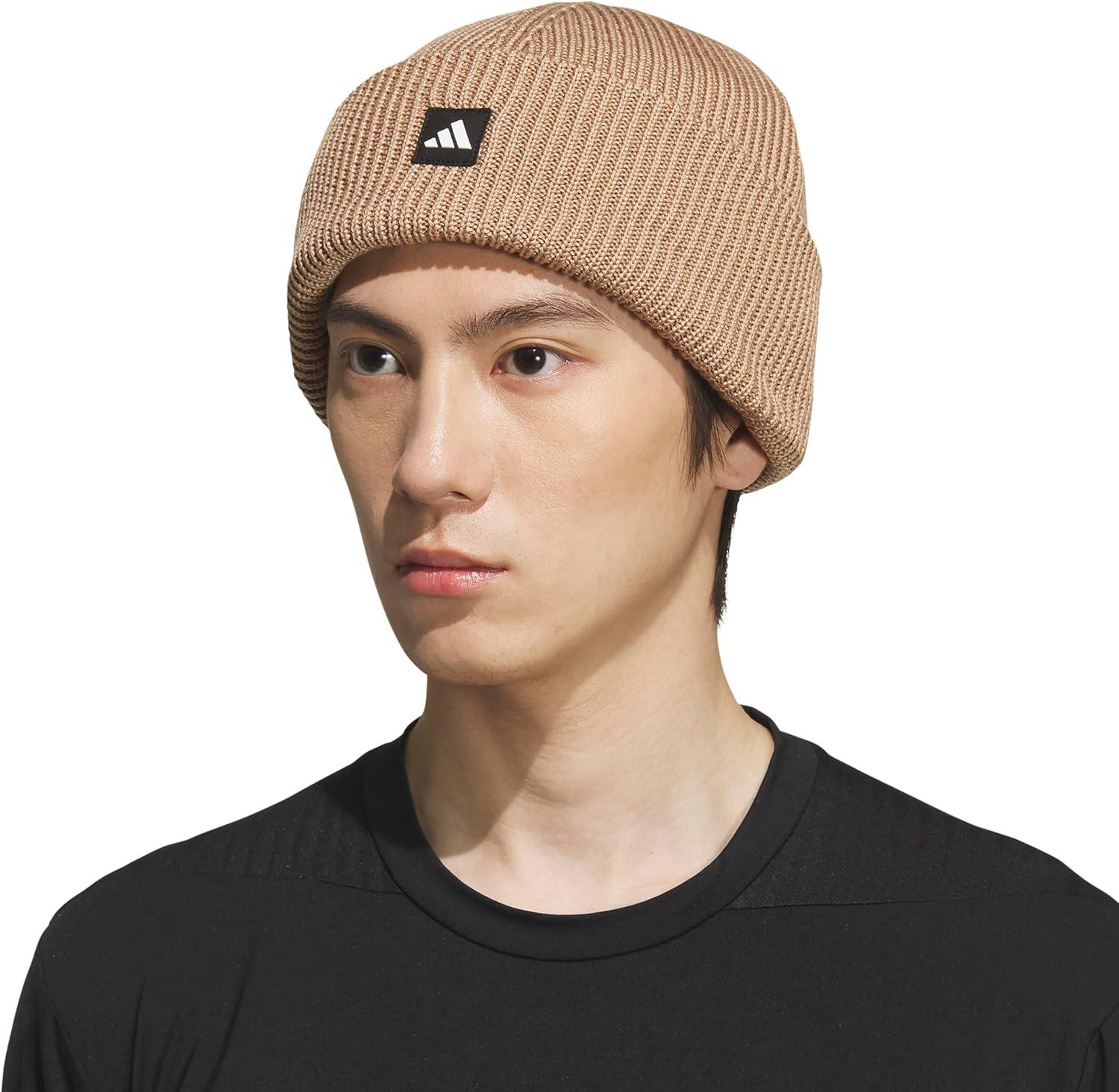 image:imageadidas Mens Premium Beanie Standard Fit Cuffed Knit Winter HatWarm Sandstone BeigeBlackWhite