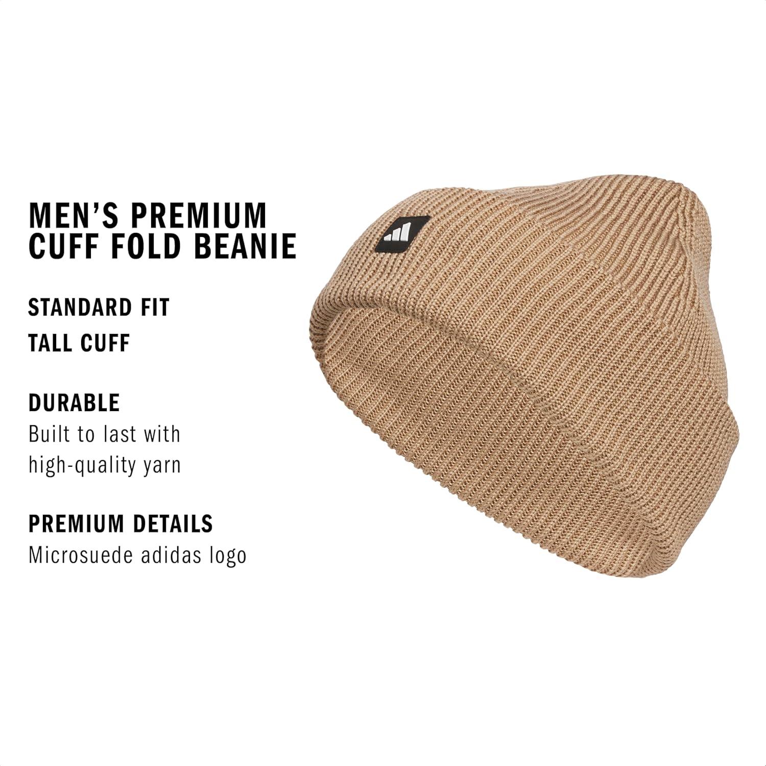 image:imageadidas Mens Premium Beanie Standard Fit Cuffed Knit Winter HatWarm Sandstone BeigeBlackWhite
