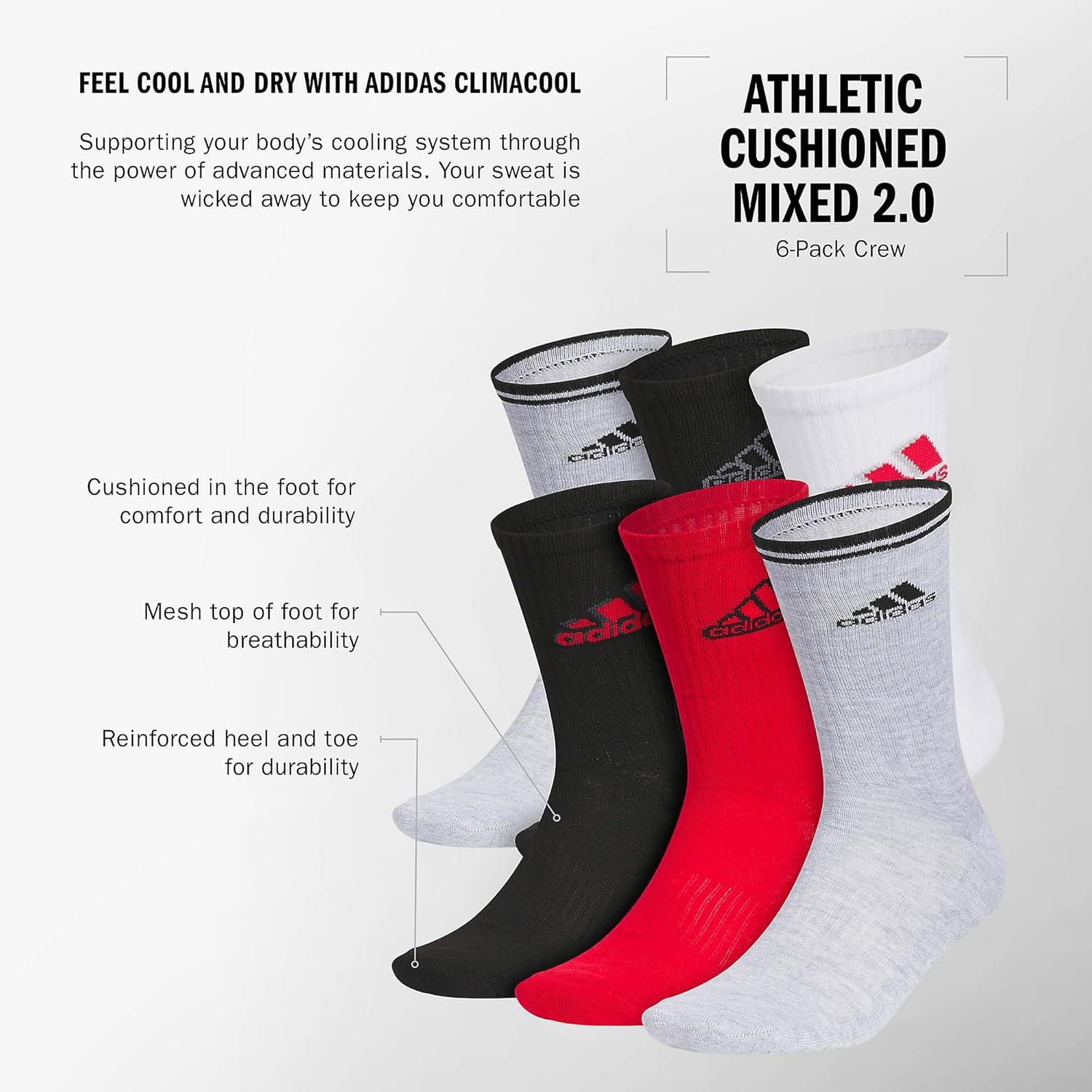 image:imageadidas Mens Athletic Cushioned Crew Socks 6 Pairs Durable amp ComfortableCool Light HeatherBlackBetter ScarletGraphic