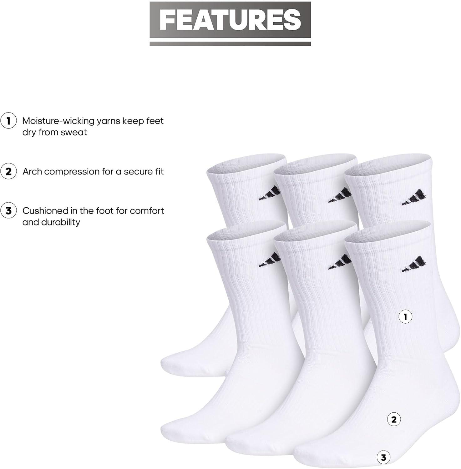 image:imageadidas Mens Athletic Cushioned Crew Socks 6 Pairs Durable amp ComfortableWhiteBlack