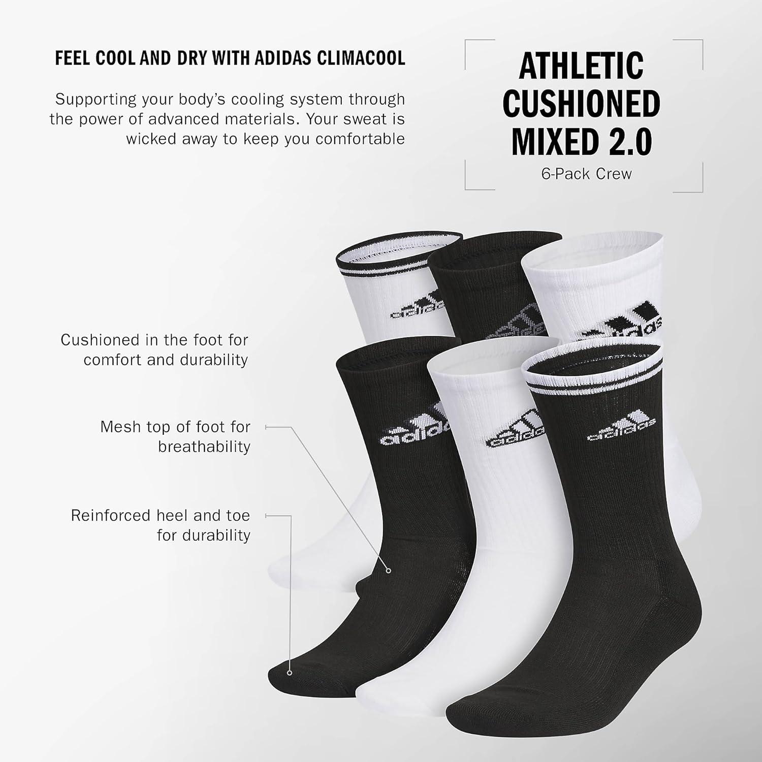 image:imageadidas Mens Athletic Cushioned Crew Socks 6 Pairs Durable amp ComfortableWhiteBlackGraphic