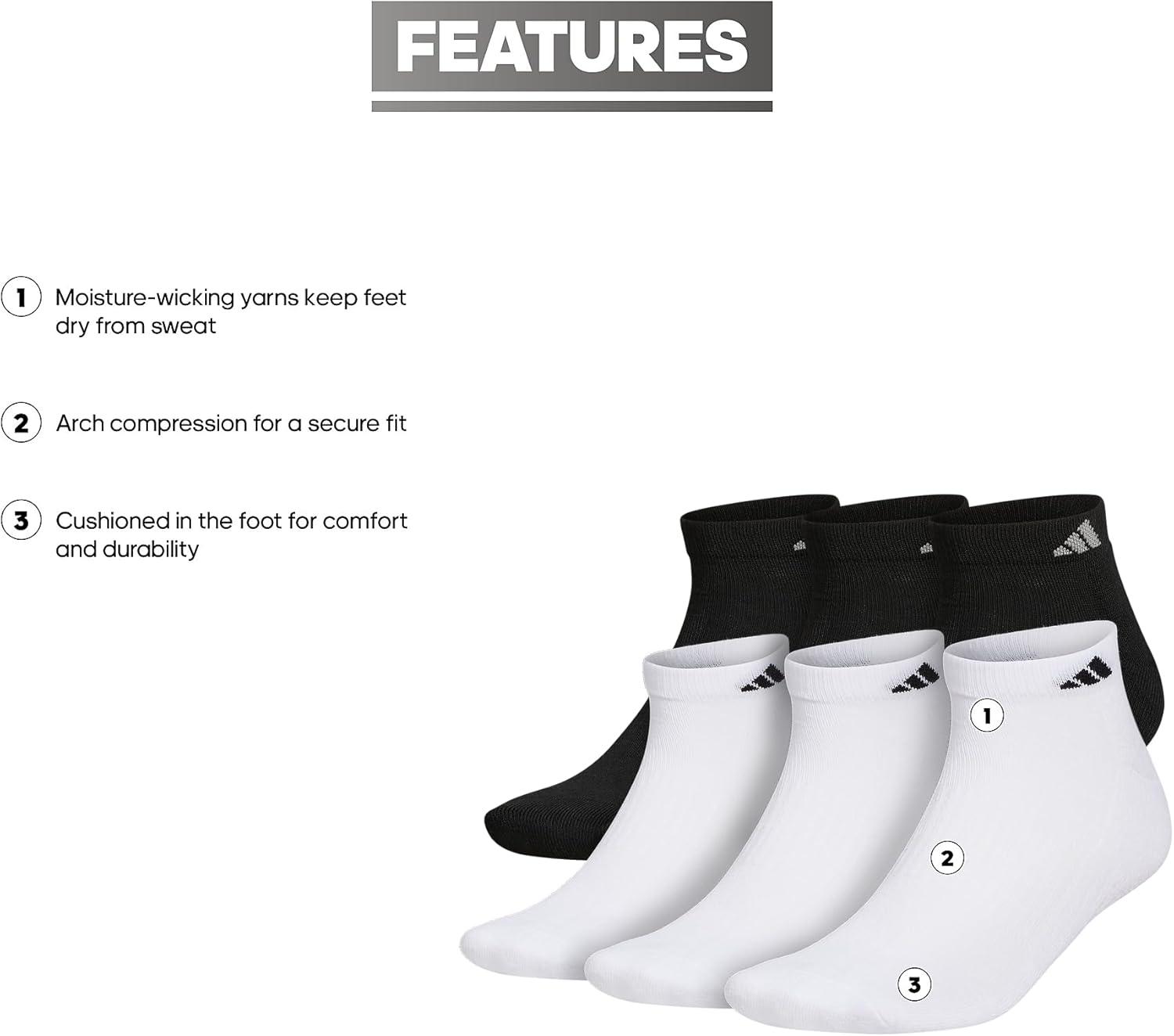 image:imageadidas Mens Athletic Cushioned Low Cut Ankle Socks 6 Pairs Durable amp ComfortableWhiteBlackWhite