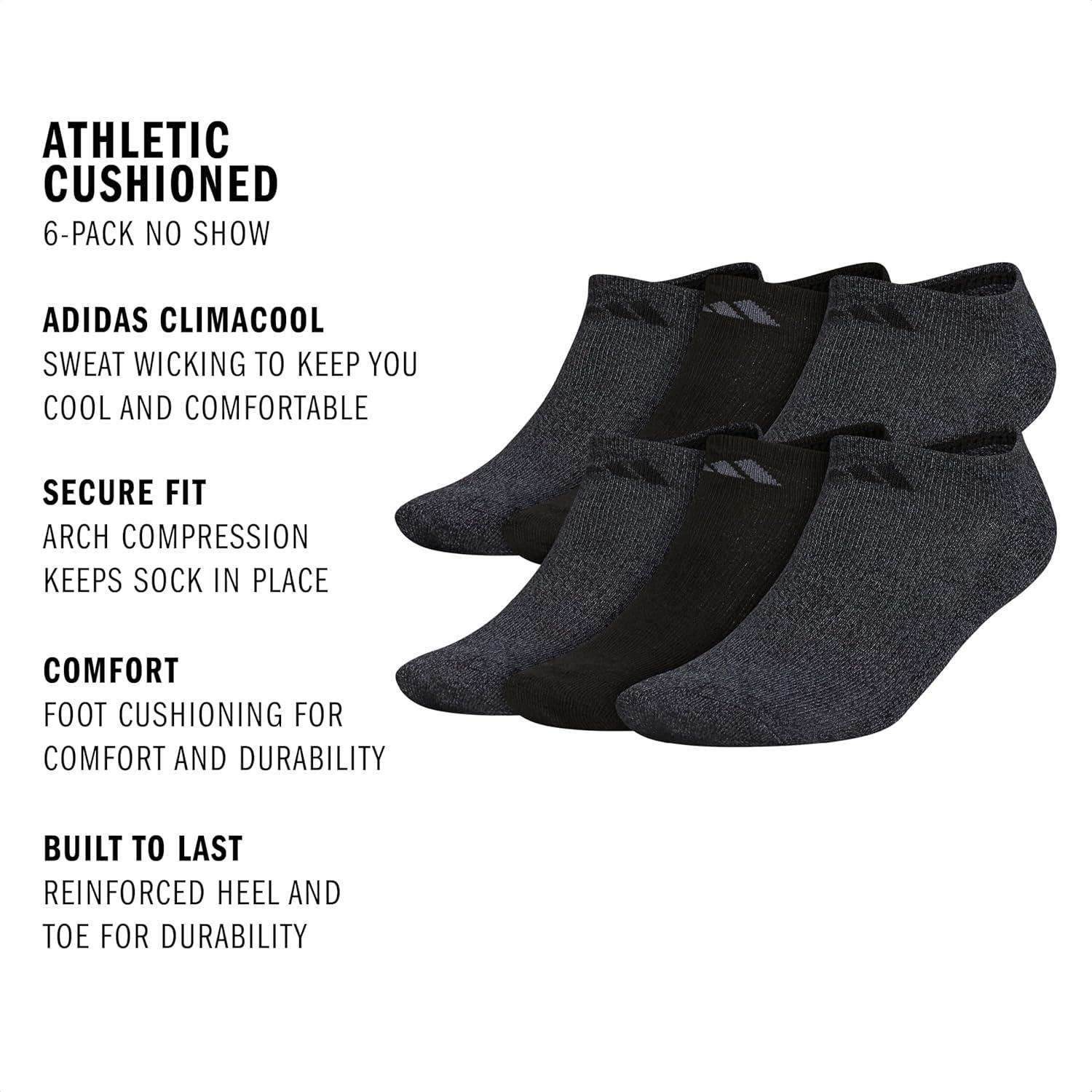 image:imageadidas Mens Athletic Cushioned No Show Socks 6 Pairs Durable amp ComfortableBlackOnix Grey