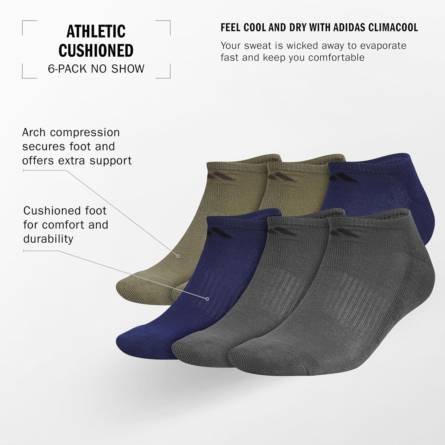 image:imageadidas Mens Athletic Cushioned No Show Socks 6 Pairs Durable amp ComfortableOlive Strata GreenDark BlueCarbon Grey