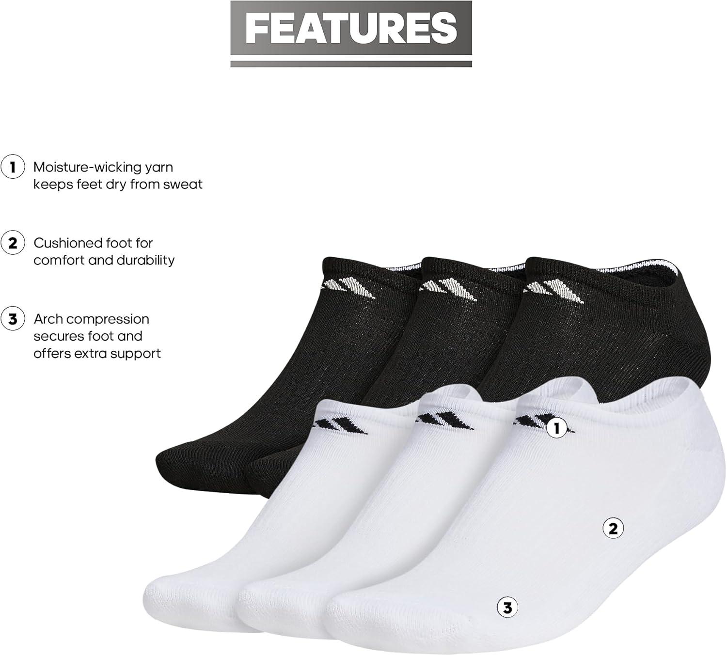 image:imageadidas Mens Athletic Cushioned No Show Socks 6 Pairs Durable amp ComfortableWhiteBlackWhite