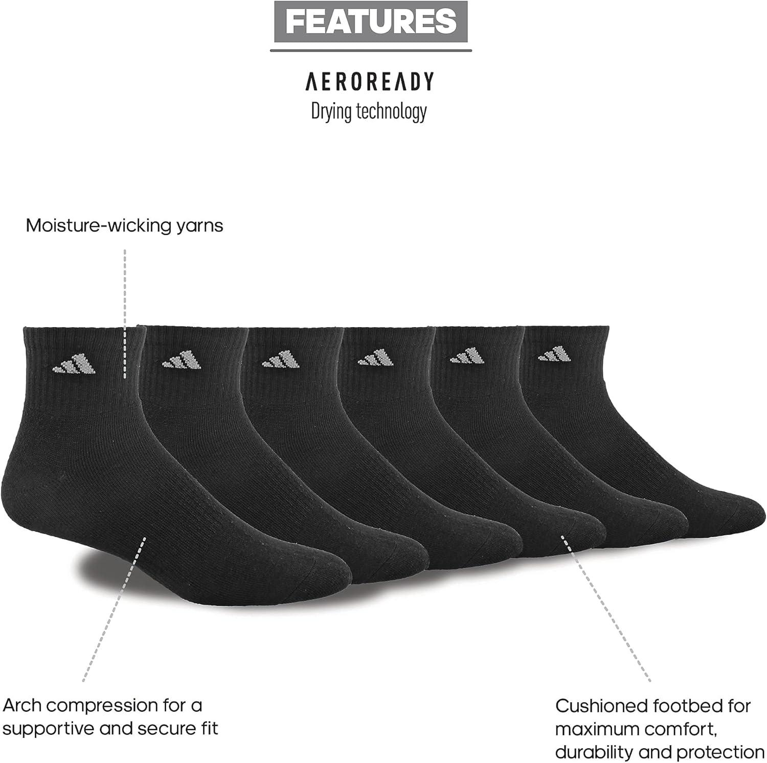 image:imageadidas Mens Athletic Cushioned Quarter Ankle Socks 6 Pairs Durable amp ComfortableBlackAluminum 2