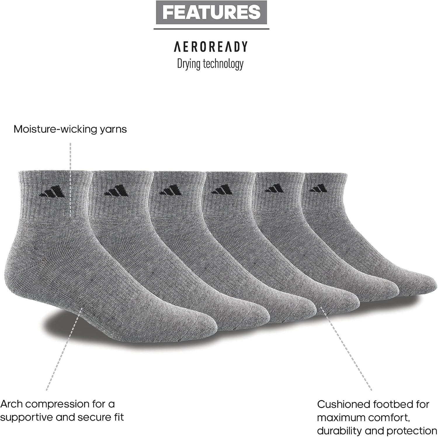 image:imageadidas Mens Athletic Cushioned Quarter Ankle Socks 6 Pairs Durable amp ComfortableHeather GreyBlack