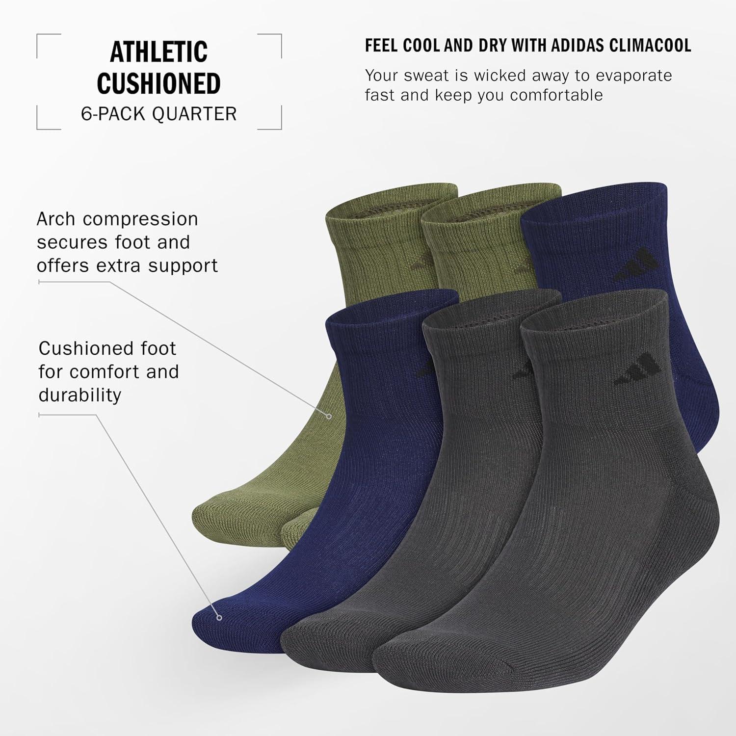 image:imageadidas Mens Athletic Cushioned Quarter Ankle Socks 6 Pairs Durable amp ComfortableOlive Strata GreenDark BlueCarbon Grey