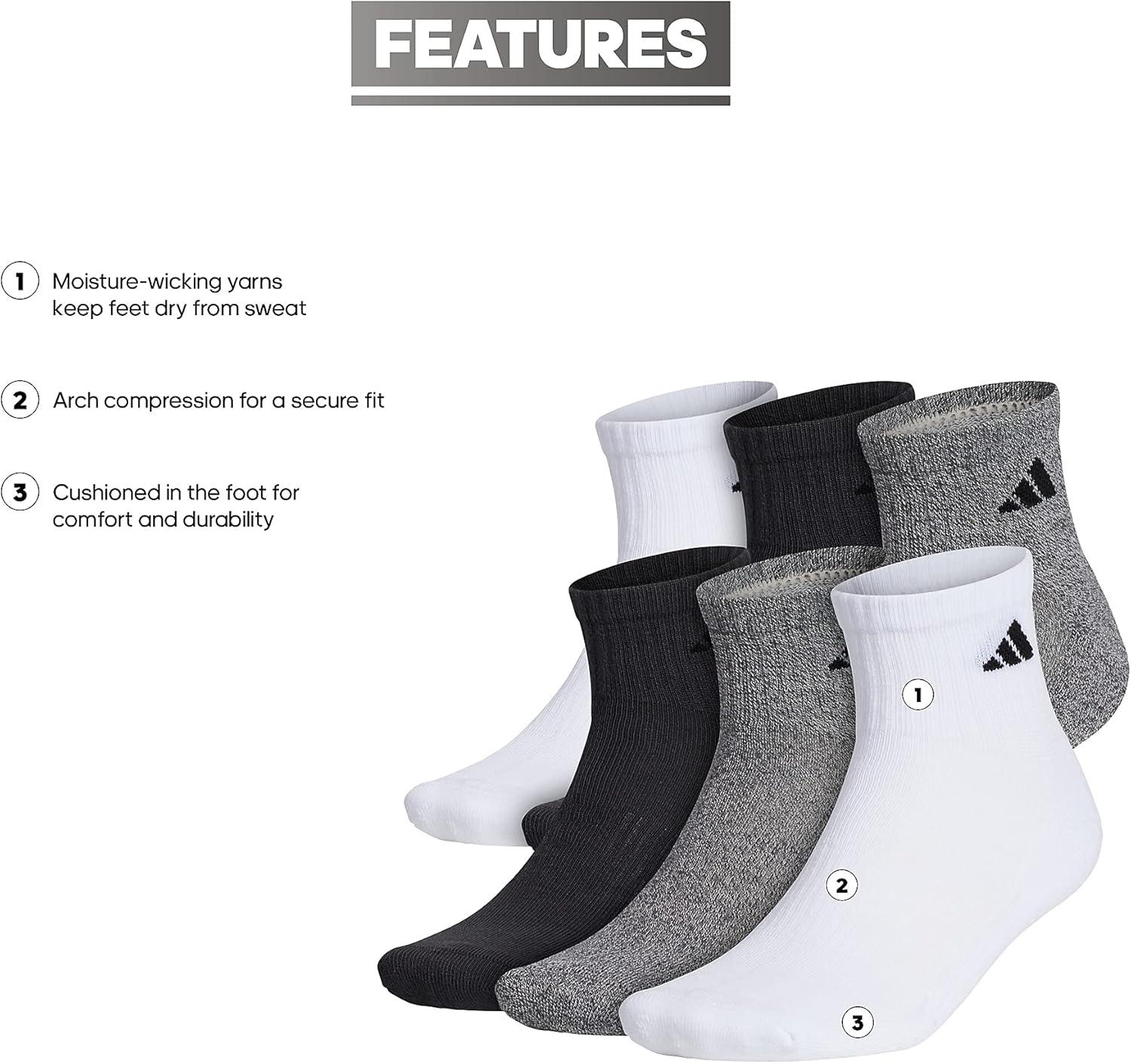 image:imageadidas Mens Athletic Cushioned Quarter Ankle Socks 6 Pairs Durable amp ComfortableWhiteAlumina BeigeCarbon Grey