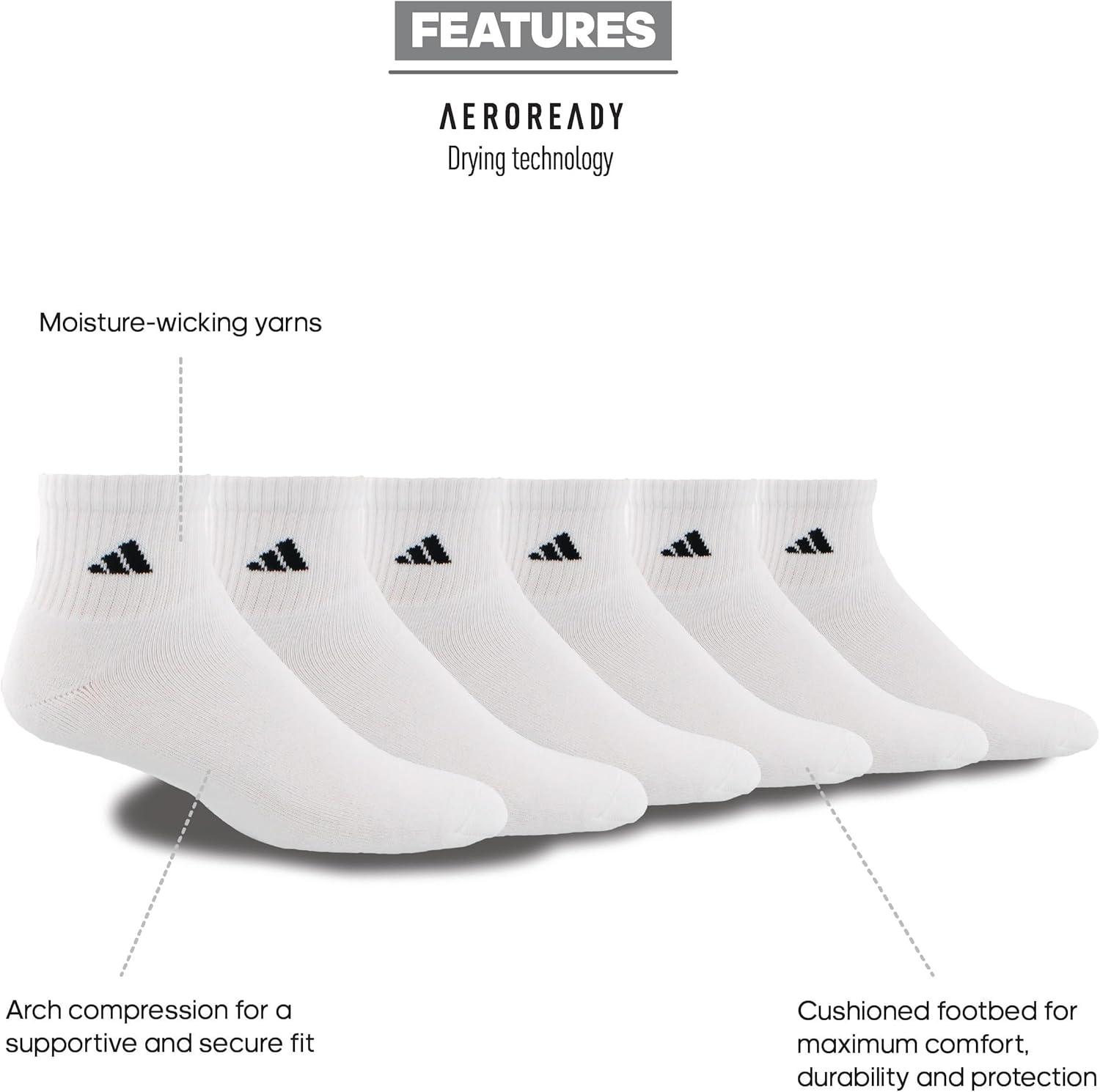 image:imageadidas Mens Athletic Cushioned Quarter Ankle Socks 6 Pairs Durable amp ComfortableWhiteBlack