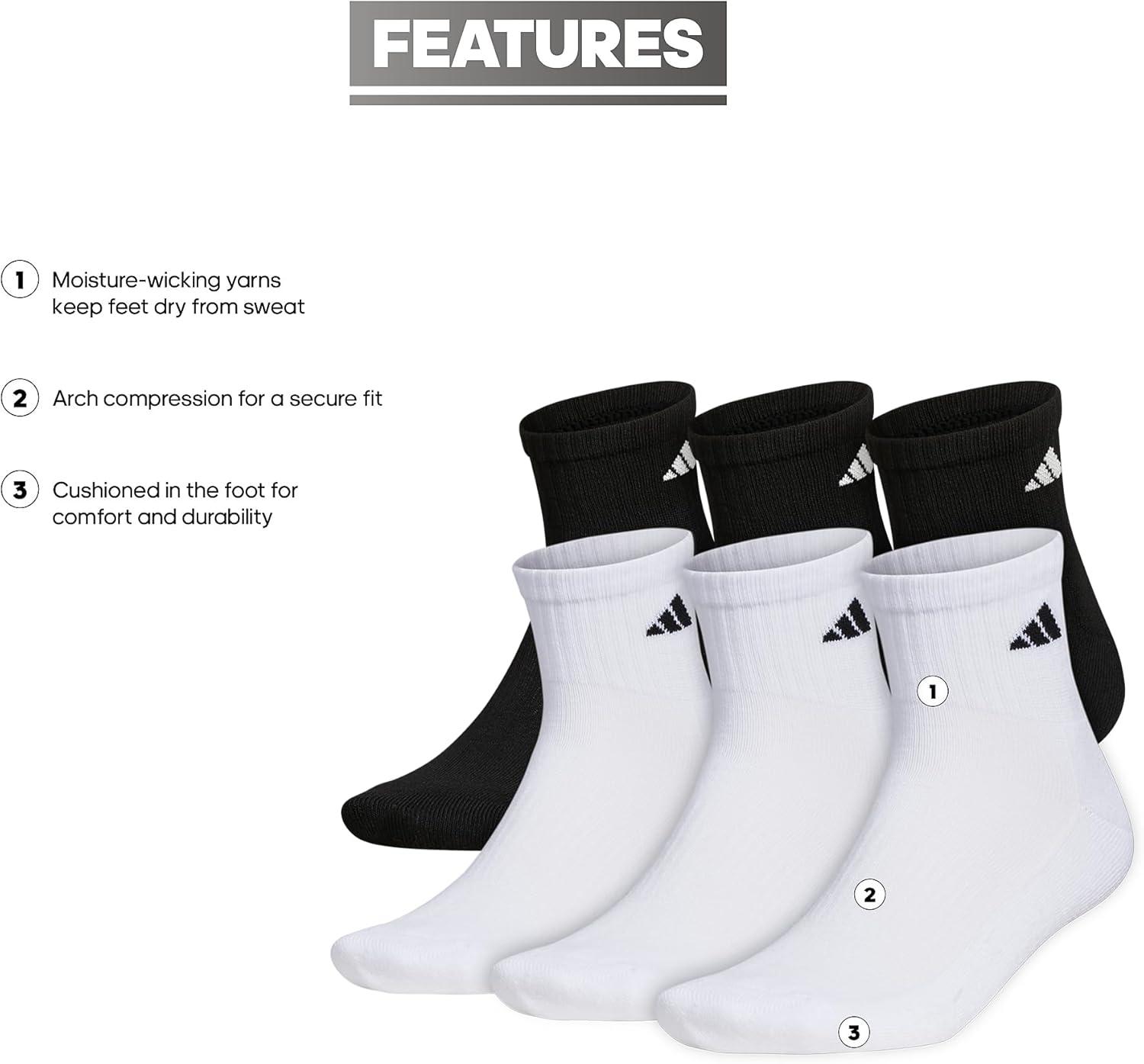 image:imageadidas Mens Athletic Cushioned Quarter Ankle Socks 6 Pairs Durable amp ComfortableWhiteBlackWhite