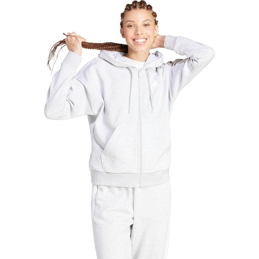image:imageadidas womens Tall Essentials 3stripes Fleece Full Zip HoodieLight Grey HeatherWhite