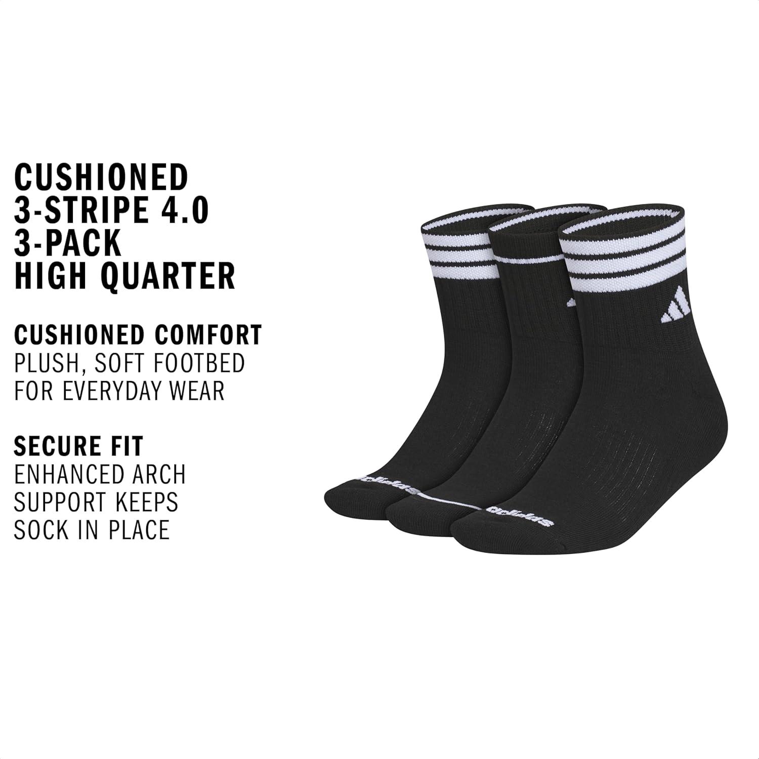 image:imageadidas Womens Cushioned Sport High Quarter Socks 3 Pairs Durable amp ComfortableBlackWhite3stripe4