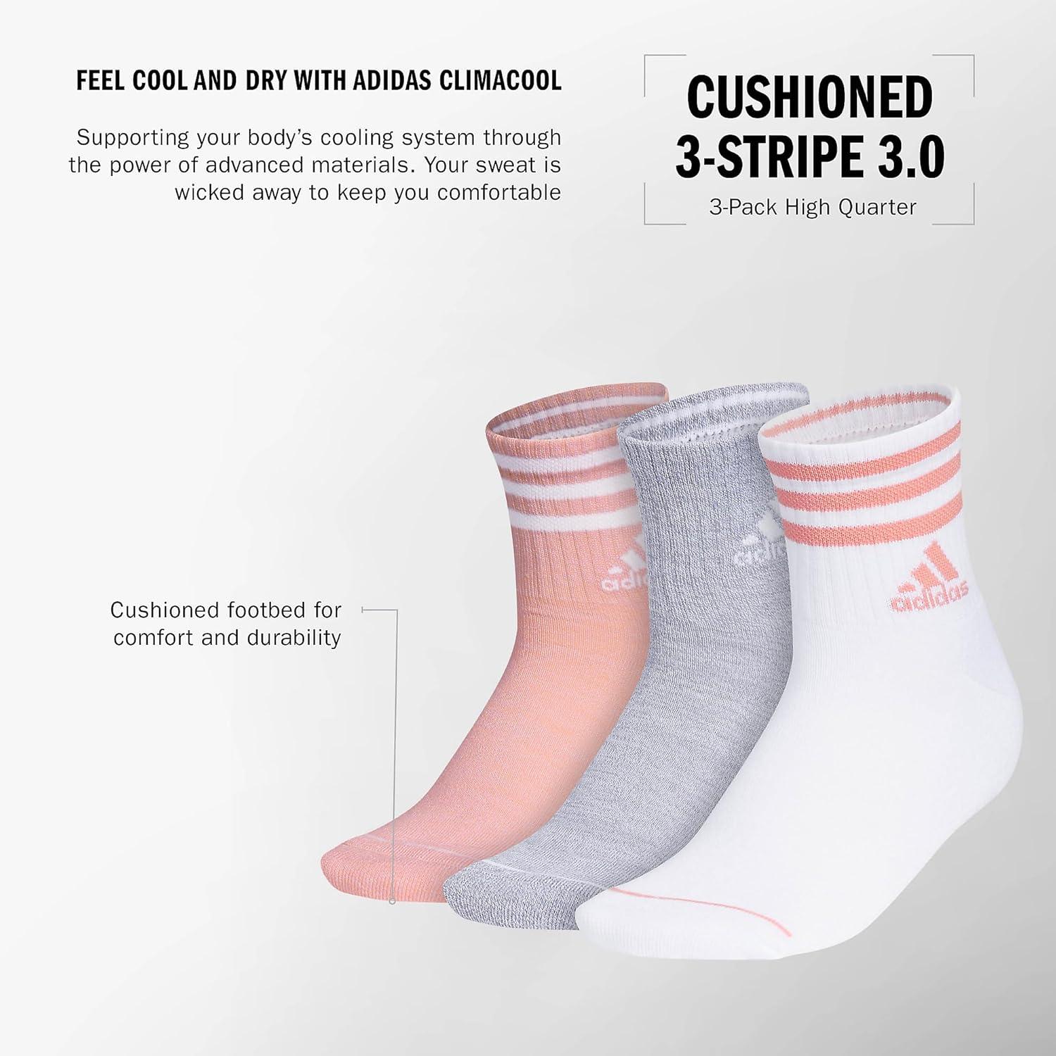 image:imageadidas Womens Cushioned Sport High Quarter Socks 3 Pairs Durable amp ComfortableSemi Pink SparkGreyWhite3stripe3