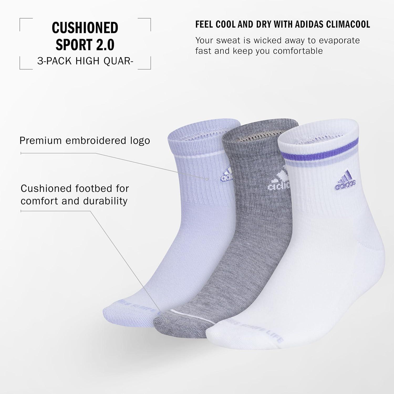 image:imageadidas Womens Cushioned Sport High Quarter Socks 3 Pairs Durable amp ComfortableViolet Tone PurpleMedium Grey HeatherWhite2
