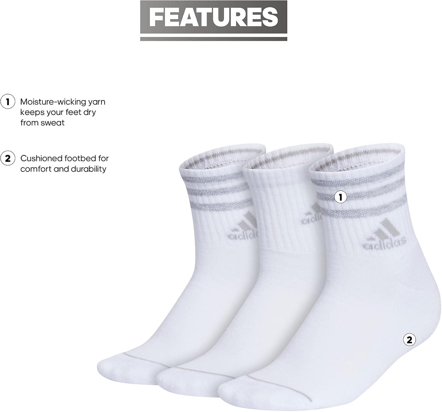 image:imageadidas Womens Cushioned Sport High Quarter Socks 3 Pairs Durable amp ComfortableWhiteClear Onix Grey3stripe3