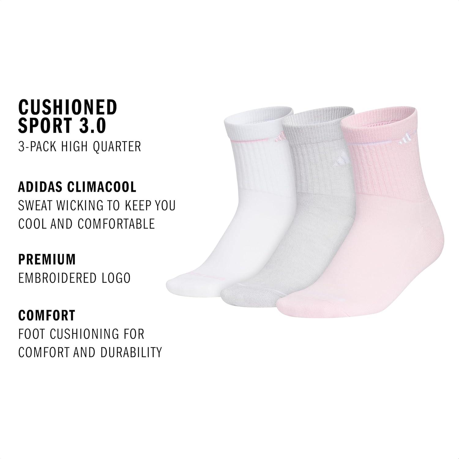 image:imageadidas Womens Cushioned Sport High Quarter Socks 3 Pairs Durable amp ComfortableWhiteClear PinkGrey3