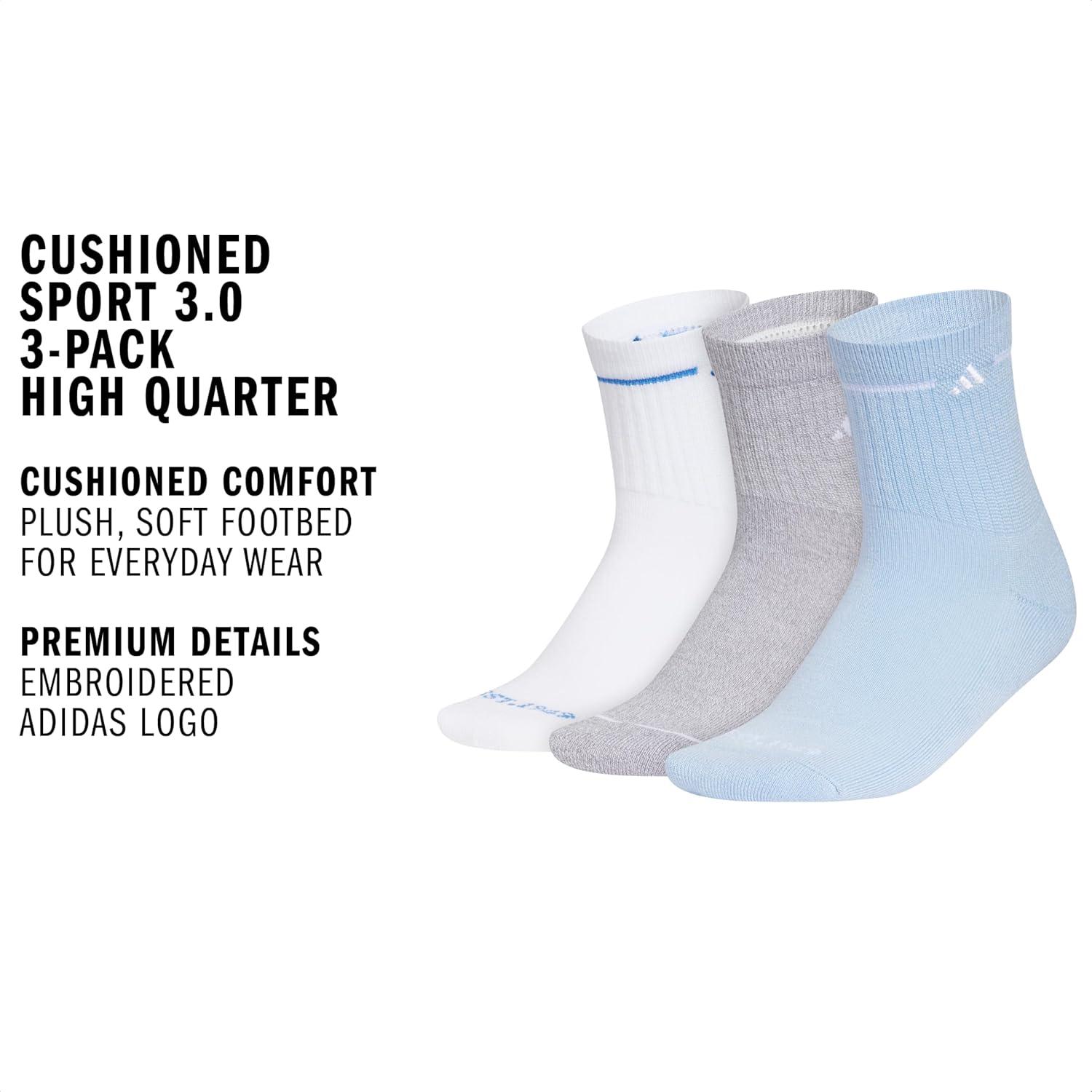 image:imageadidas Womens Cushioned Sport High Quarter Socks 3 Pairs Durable amp ComfortableWhiteRay BlueGrey3