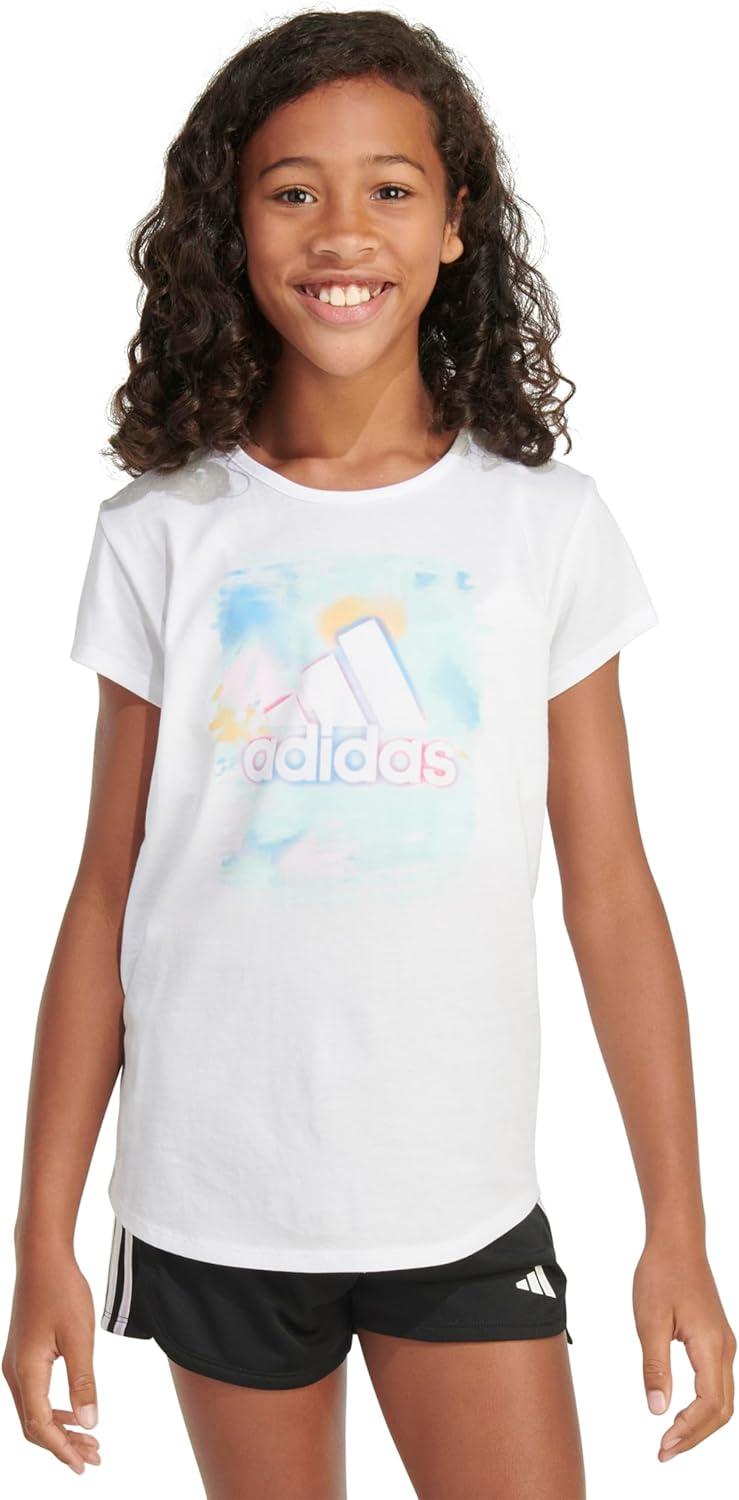 image:imageadidas Girls Short Sleeve Scoop Neck Tee TShirtWhite With Light Blue