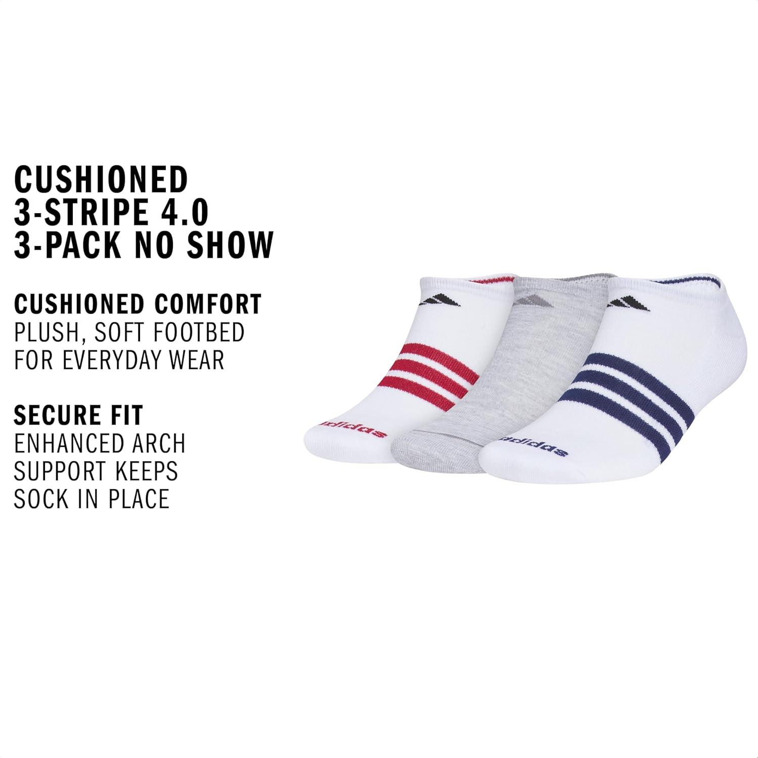 image:imageadidas Mens Cushioned No Show Socks 3 Pairs Durable amp ComfortableWhiteActive MaroonDark Blue3stripe4
